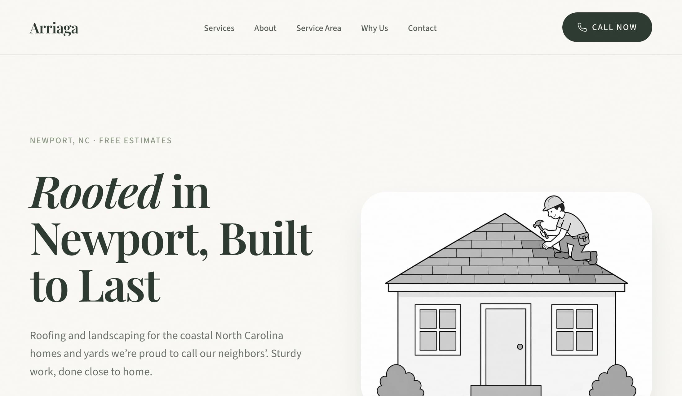 Home page of the site we built for Arriaga Roofing and Landscaping