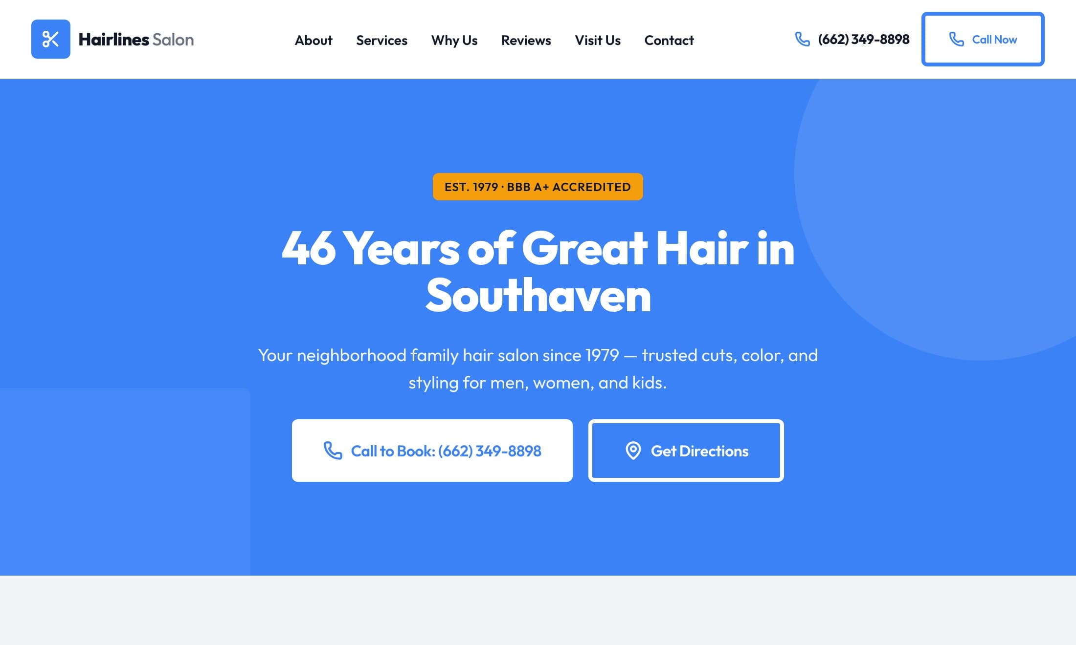Home page of the site we built for Hairlines Salon